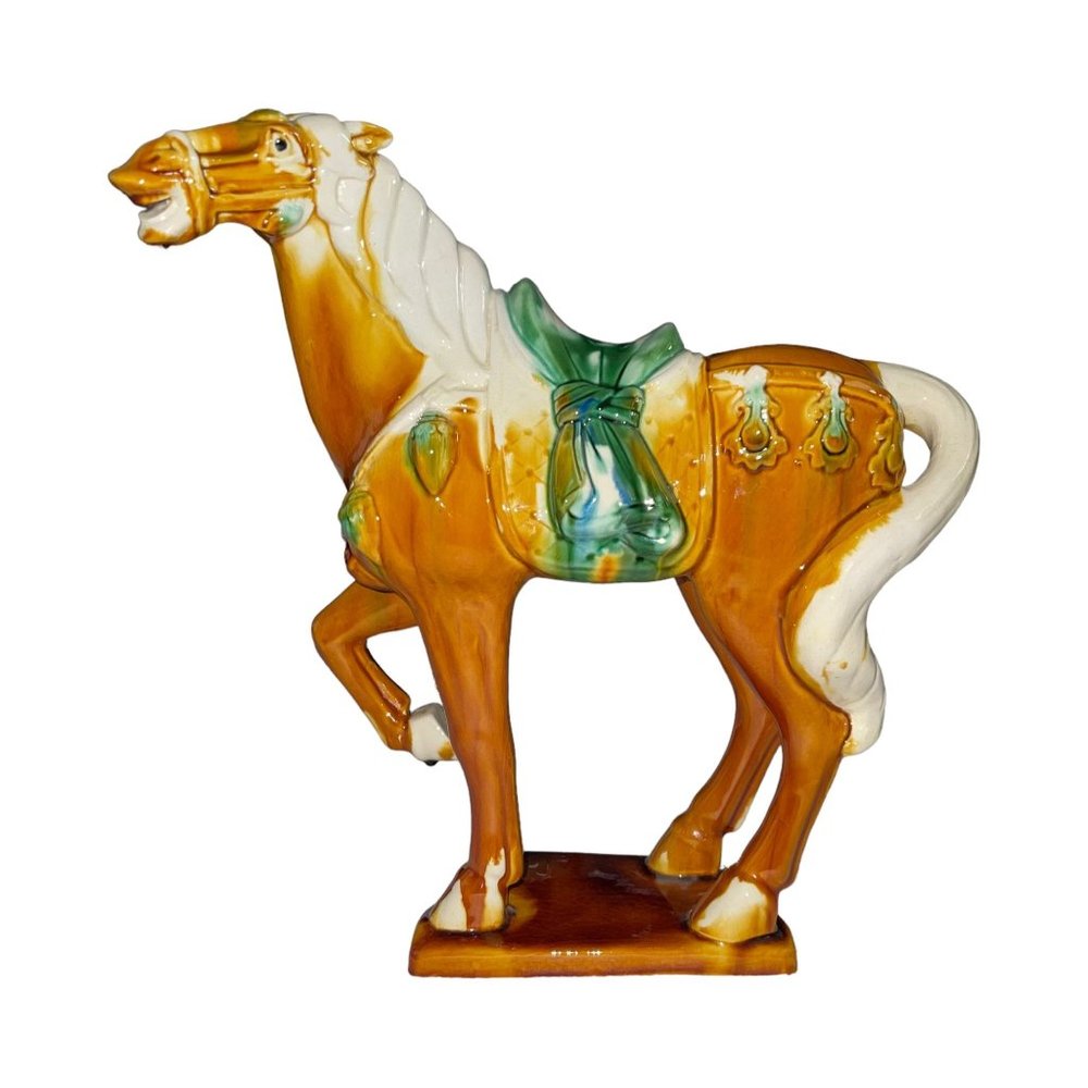 Unbranded Ceramic Horse Trotting Statue Brown Green 13" High Decor Equestrian - Picture 1 of 12